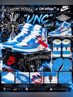 “RARE” Chrome Hearts x Off-White™ x Air Jordan 1 Retro High OG “UNC”🔥New! 12